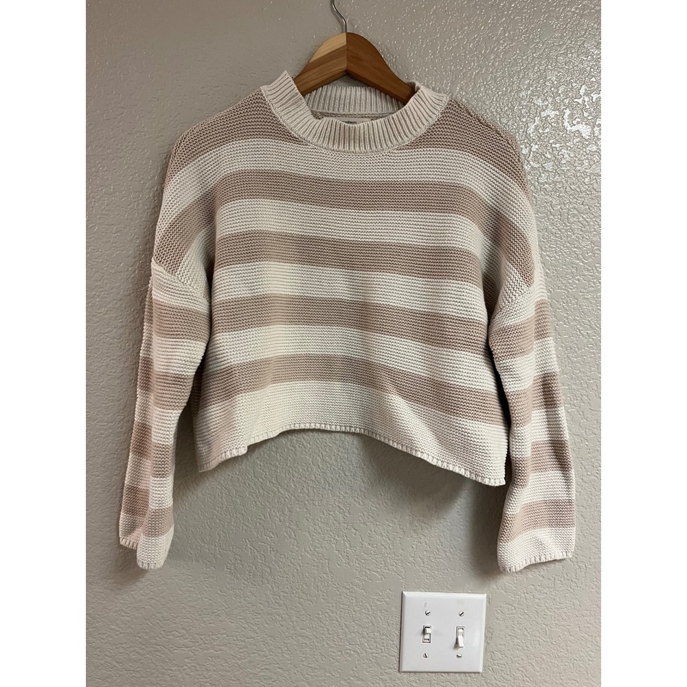 Moon & Madison Tan Cream Striped Cropped Mock Neck Sweater ST20166 XS